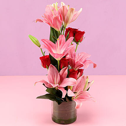 Pink Lilies & Red Roses Vase