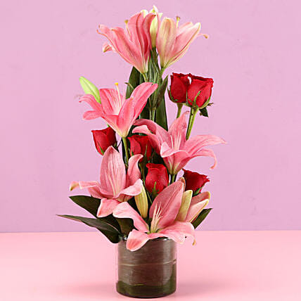 Pink Lilies & Red Roses Vase