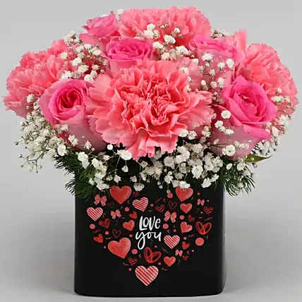 Pink Roses And Carnations In Love You Sticker Vase