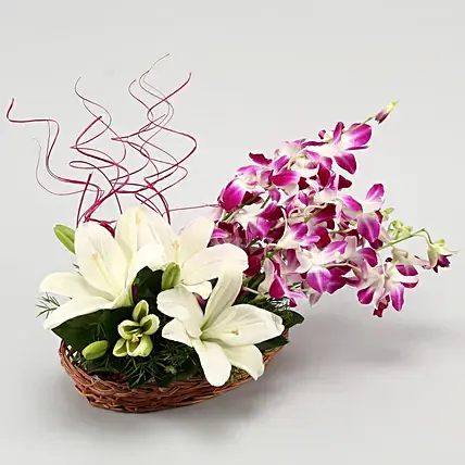 Lilies And Orchids Basket Arrangement
