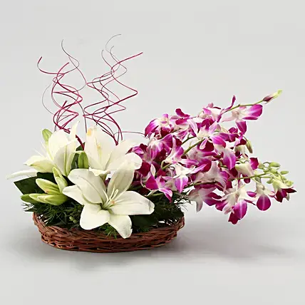 Lilies And Orchids Basket Arrangement