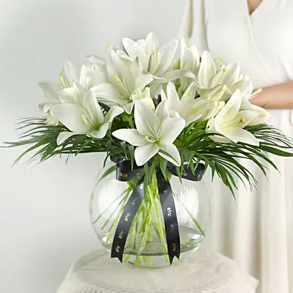 Pure White Asiatic Lilies In Fishbowl Vase