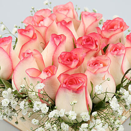 16 Pink Roses Arrangement In Wooden Base