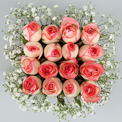 16 Pink Roses Arrangement In Wooden Base