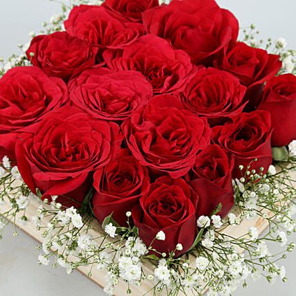 16 Red Roses Arrangement In Wooden Base
