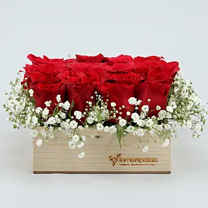 16 Red Roses Arrangement In Wooden Base