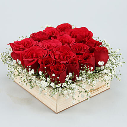 16 Red Roses Arrangement In Wooden Base