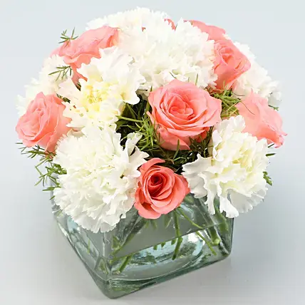 Pink Roses & White Carnations Vase