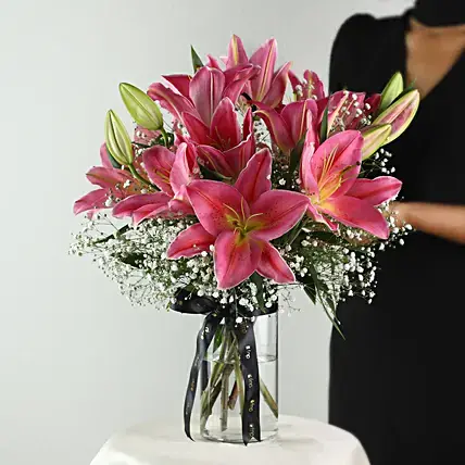 5 Pink Oriental Lilies in Glass Vase