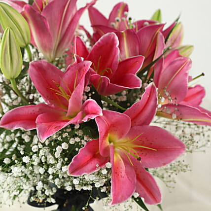 5 Pink Oriental Lilies in Glass Vase