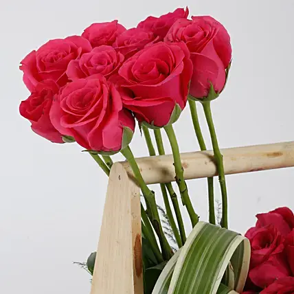 Dark Pink Roses Wooden Basket Arrangement