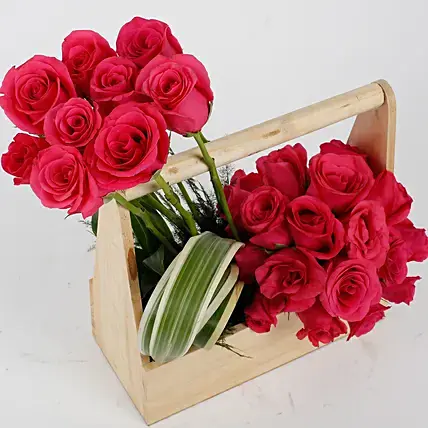 Dark Pink Roses Wooden Basket Arrangement