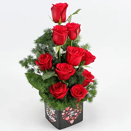 Bunch Of 10 Red Roses In Love You Sticker Vase
