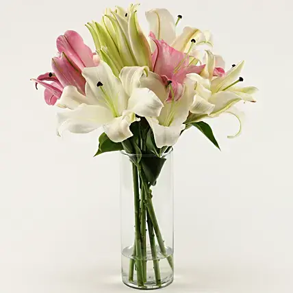 Pink & White Oriental Lilies in Glass Vase