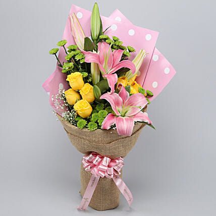 Elegant Mixed Flowers Ribbon Tied Jute Bouquet