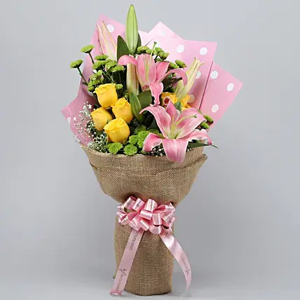 Elegant Mixed Flowers Ribbon Tied Jute Bouquet