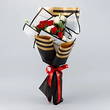 Red Roses & White Stoma Bouquet
