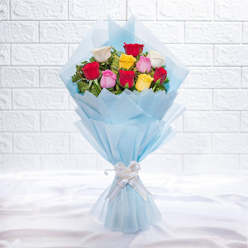 Colorful Roses Bouquet And Chocolate Cake Combo