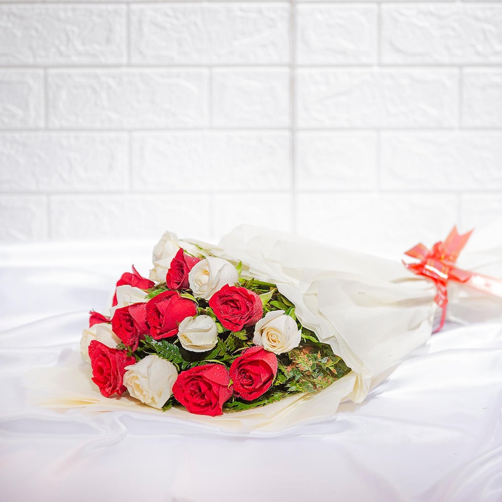 Charming Red And White Roses Arrangement