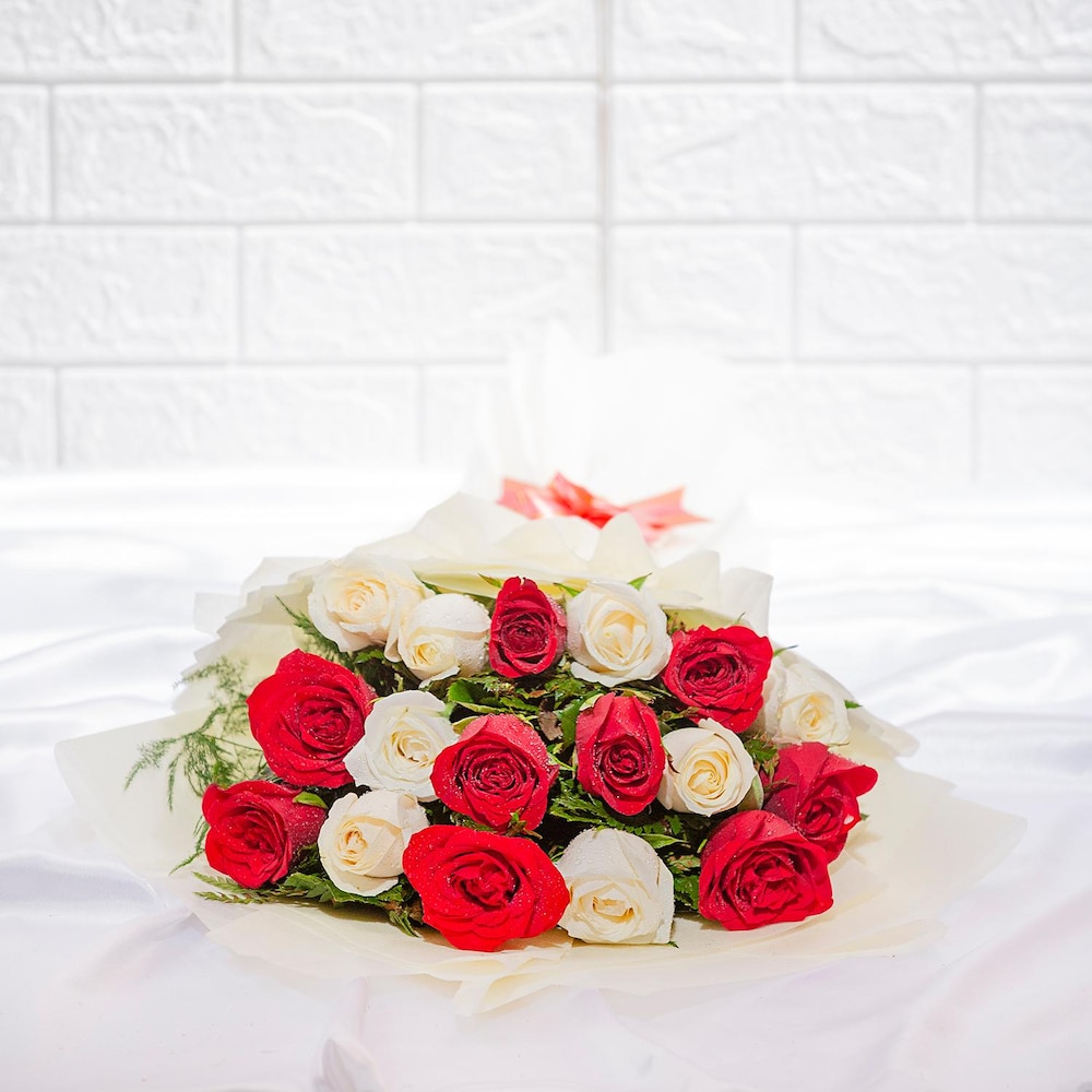 Charming Red And White Roses Arrangement