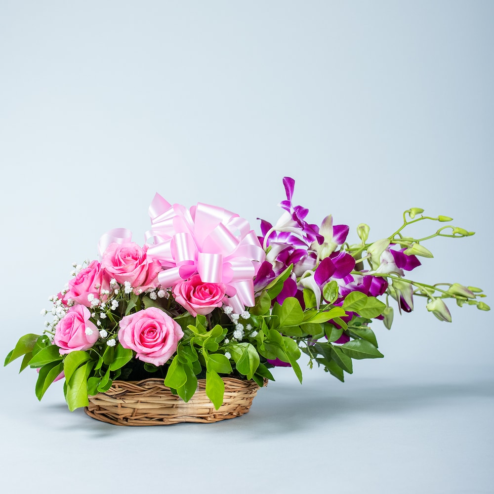 Elegant Pink Mixed Flowers Basket