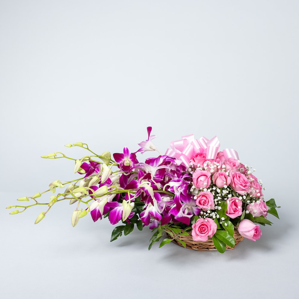Elegant Pink Mixed Flowers Basket
