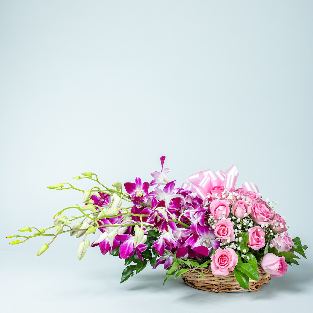 Elegant Pink Mixed Flowers Basket