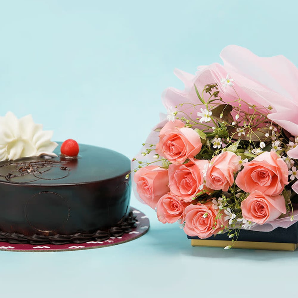 8 Pink Roses And Chocolate Cake Combo