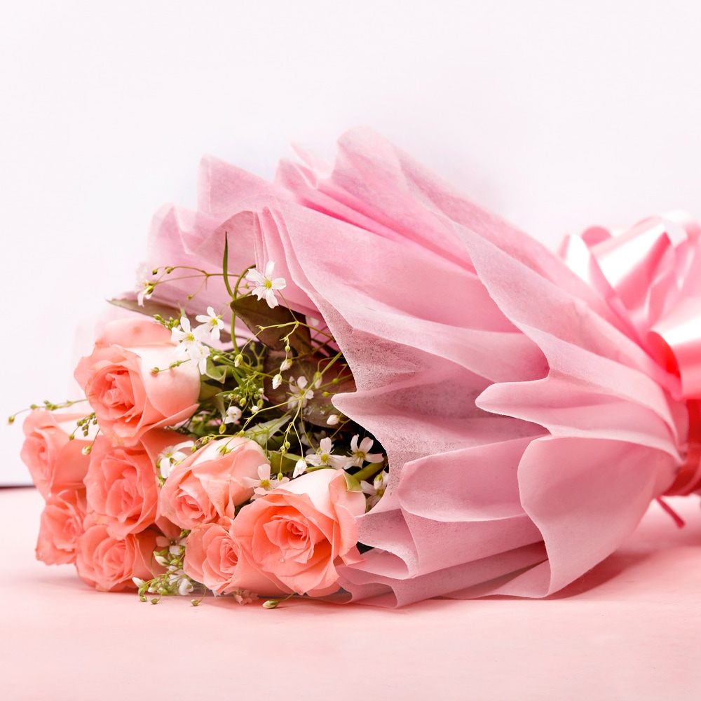 8 Pink Roses And Chocolate Cake Combo