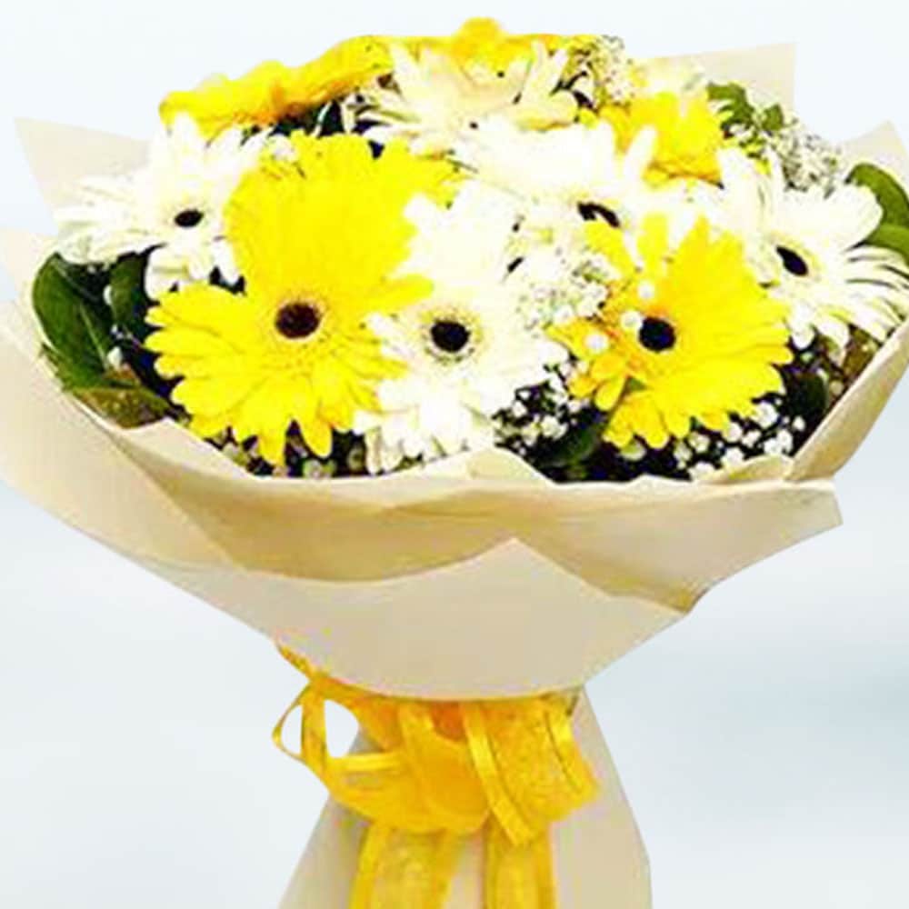 Mix Gerbera Flowers Bouquet In White Wrapping
