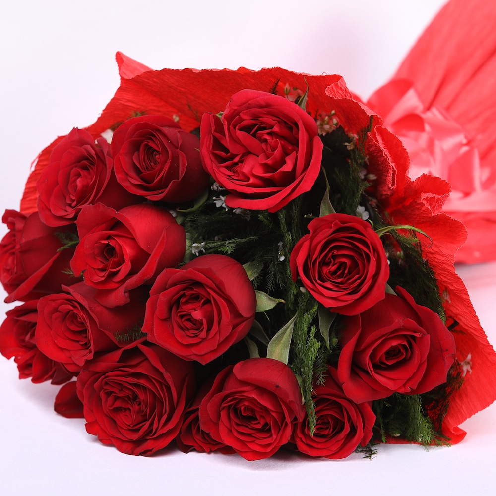 Perfect Rosy Red Roses In Red Packing