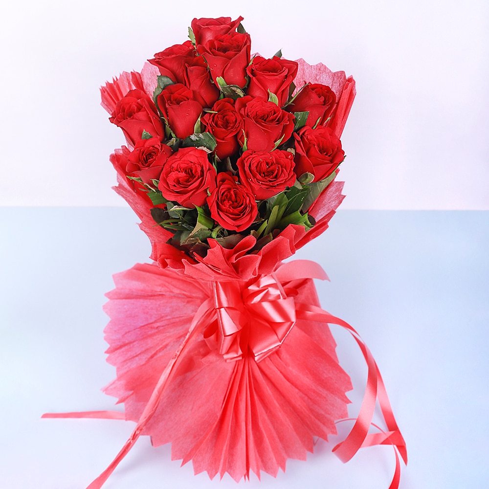 Perfect Rosy Red Roses In Red Packing