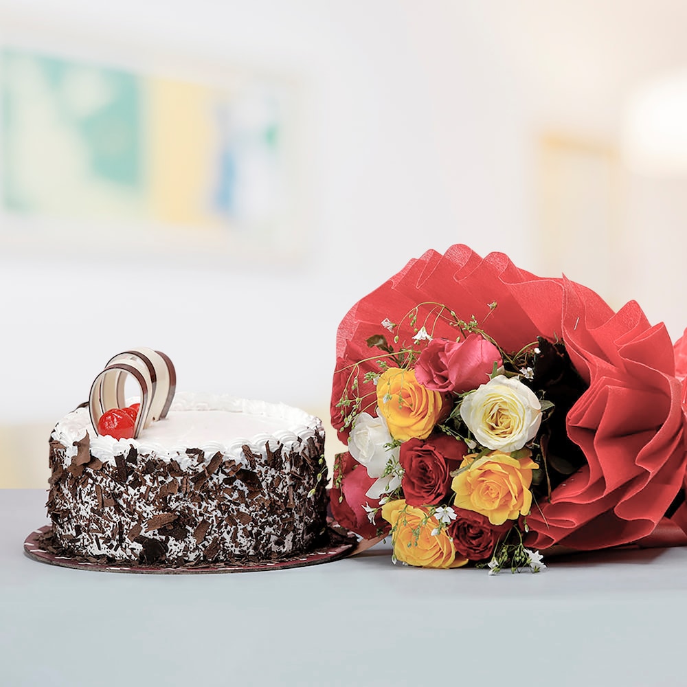 Black Forest Cake With Mixed Roses