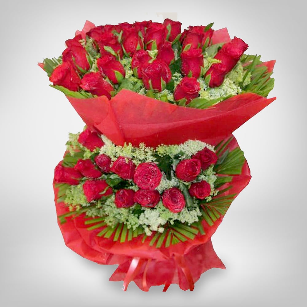 Red Roses In Two Tier With Red Packing