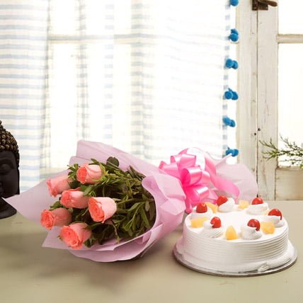 10 pink roses & pineapple cake 500gm