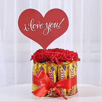 Carnations in Glass Vase & 5 Star Chocolate Bouquet