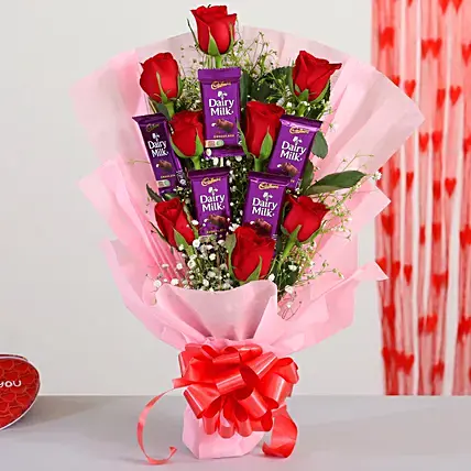 Red Roses Bouquet & Dairy Milk Chocolates