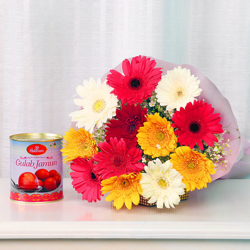 Gerbera Jamun - Gerberas Bunch & Gulab Jamun