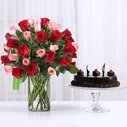 Red & Pink Roses With Truffle Cake