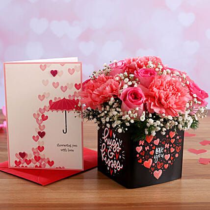 Mixed Pink Flowers In Sticker Vase and Love Umbrella Card