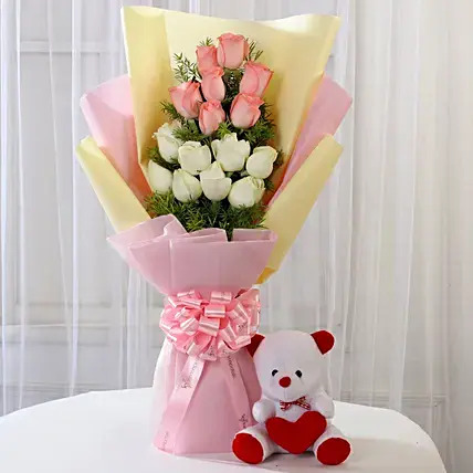 Pink & White Roses with Teddy Bear Combo