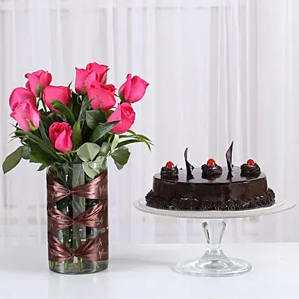 Pink Rose Vase & Truffle Cake Combo