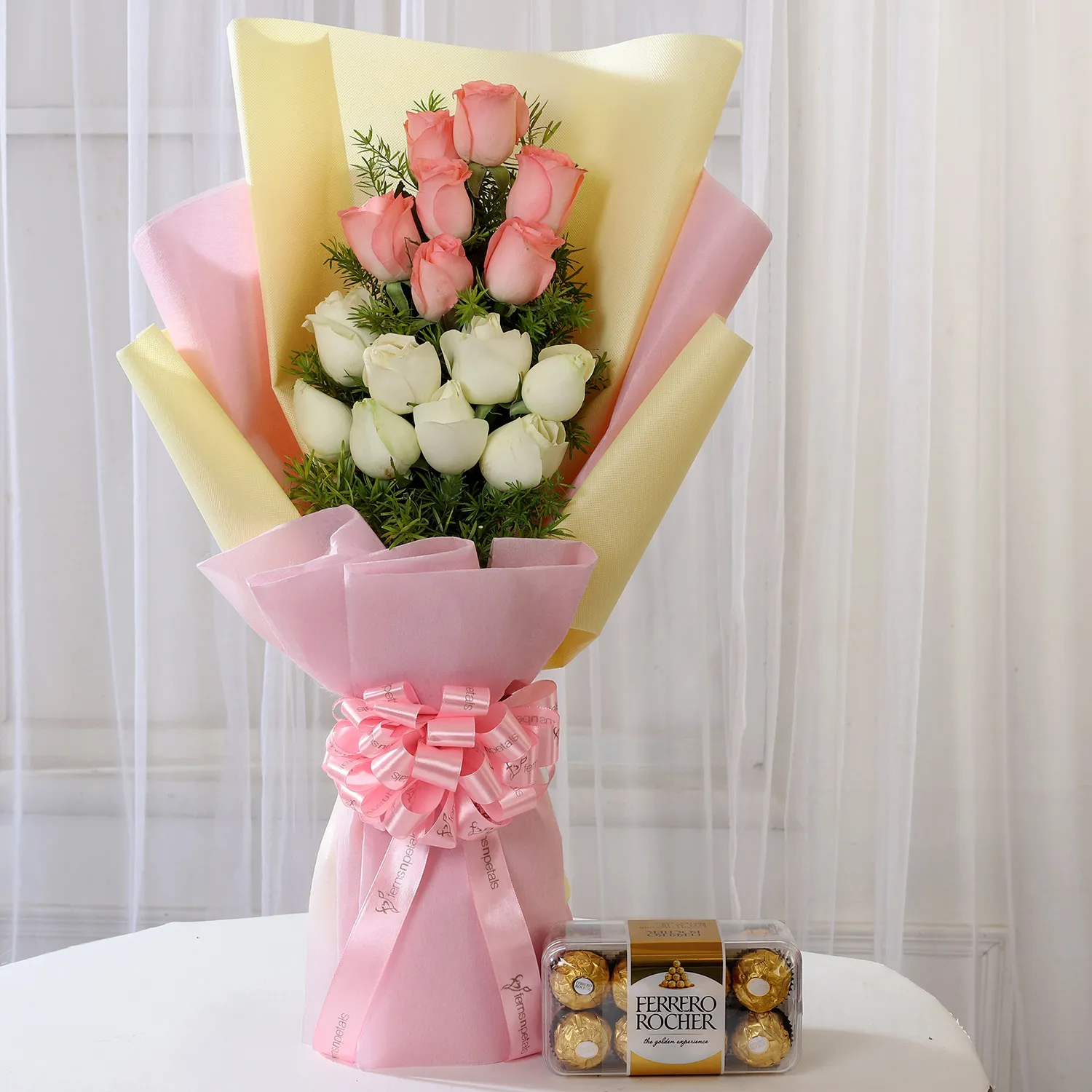 Pink & White Roses & Ferrero Rocher Box