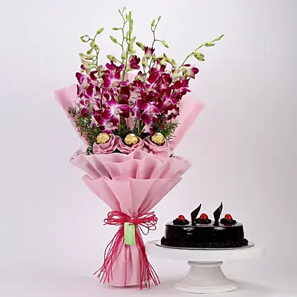 Chocolaty Orchids Bouquet & Truffle Cake