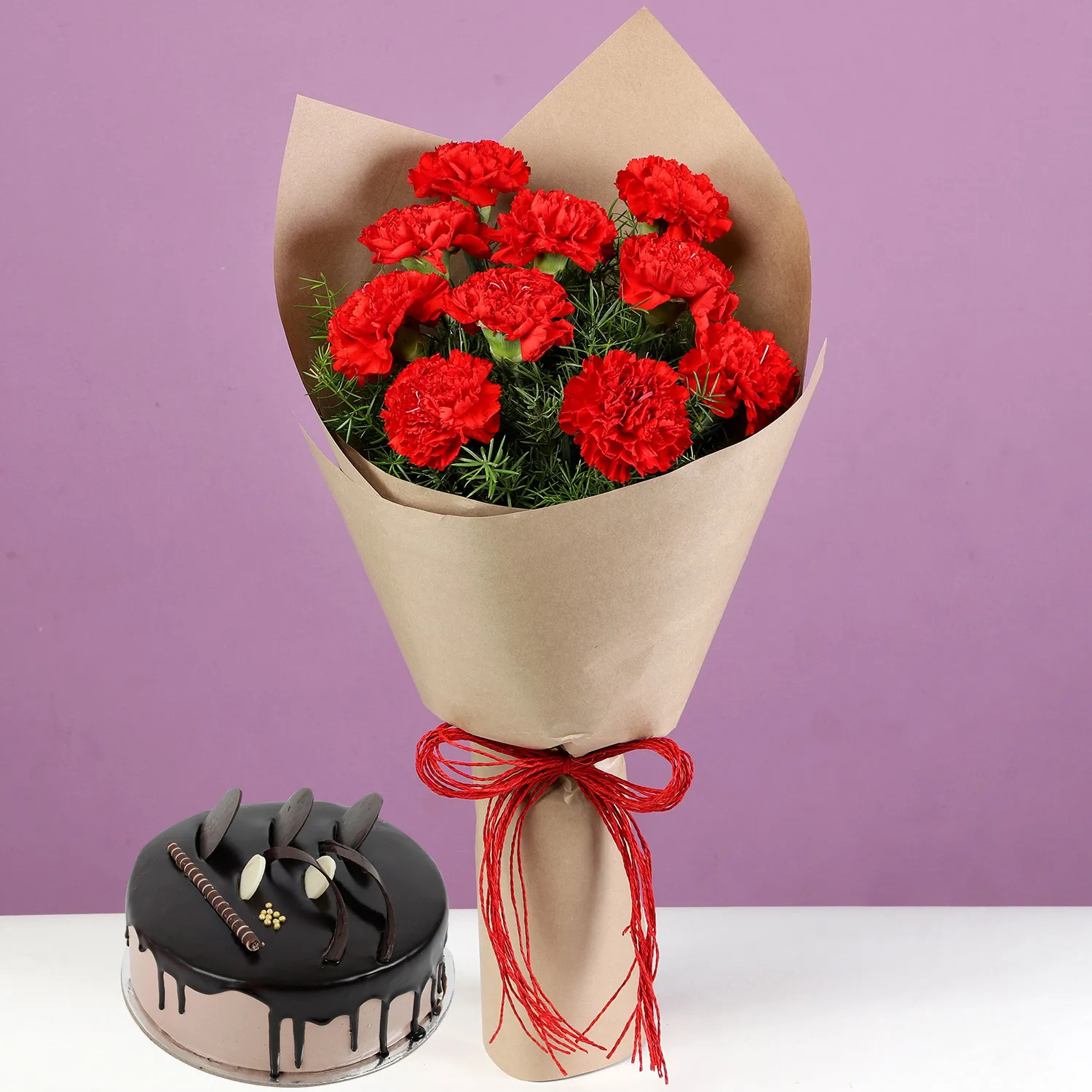 10 Red Carnations & Chocolate Cream Cake