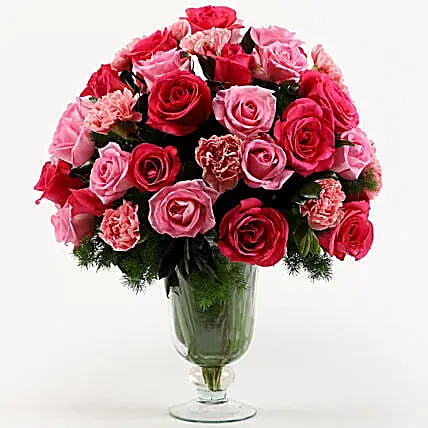 Roses & Carnations In Glass Vase