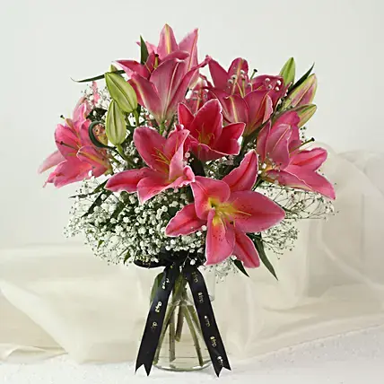 5 Pink Oriental Lilies in Glass Vase