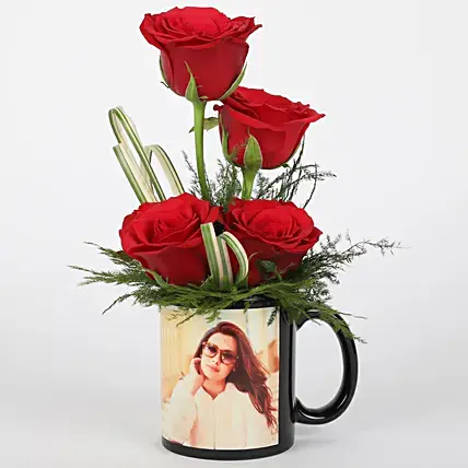 Red Roses in Personalised Black Mug