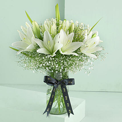 Blooming Asiatic Lilies In Black Ribbon Tied Vase
