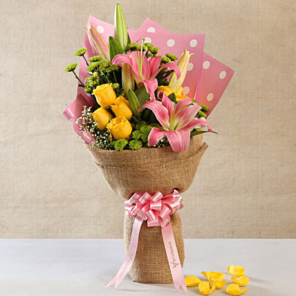 Elegant Mixed Flowers Ribbon Tied Jute Bouquet